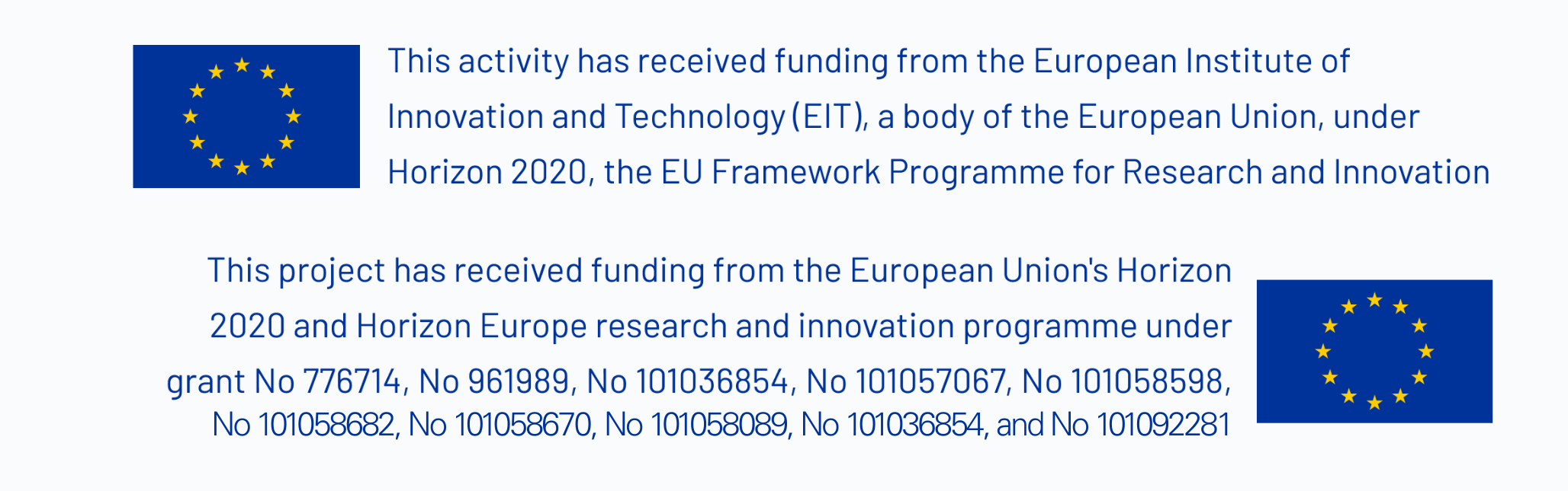 Funding disclosure stating this activity and project have received funding from EIT, the European Union, Horizon 2020, and Horizon Europe under the listed grant numbers.